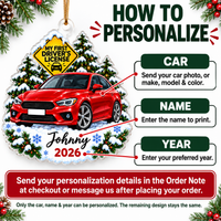 How to personalize guide showing a red car ornament, explaining how to send car photo, name, and year for new driver gift