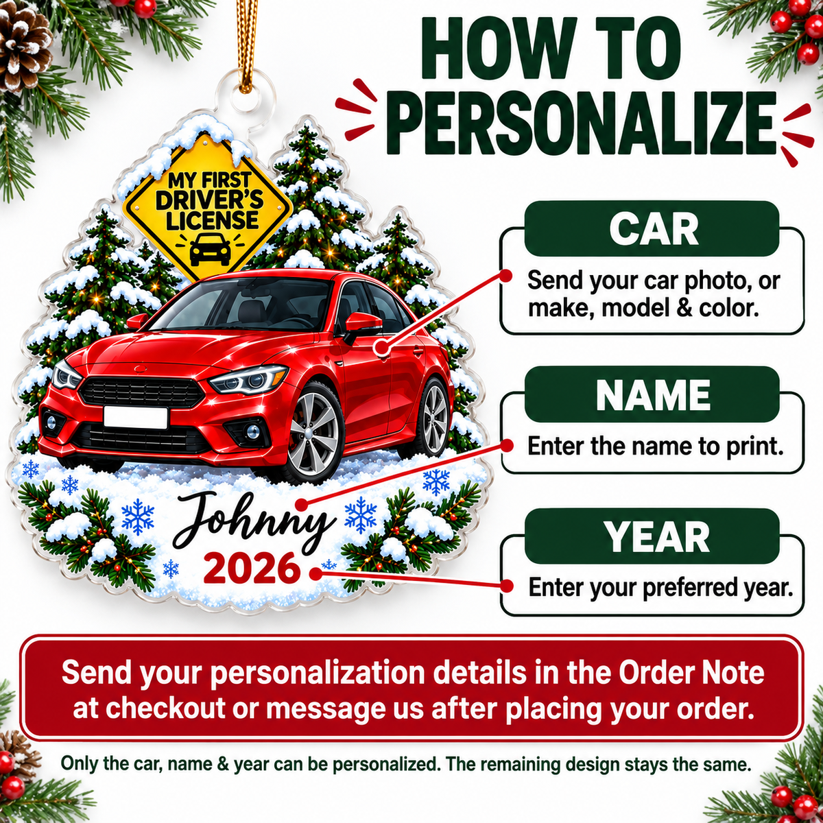 How to personalize guide showing a red car ornament, explaining how to send car photo, name, and year for new driver gift