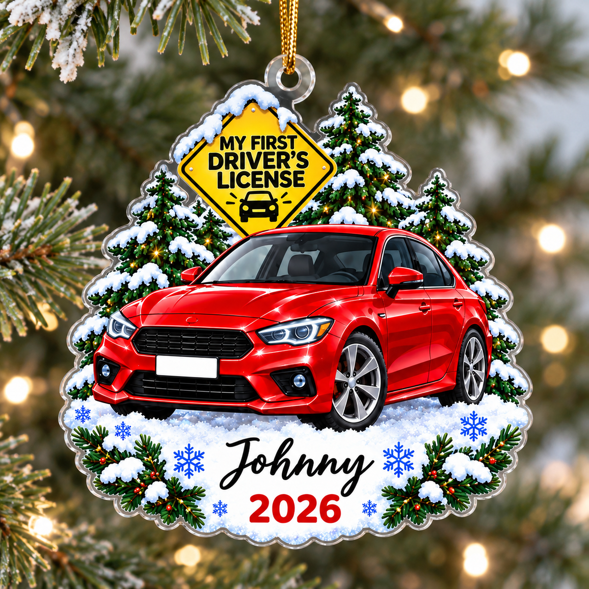 Clear acrylic first driver license ornament hanging on a pine tree branch with warm lights, featuring a red car and Johnny