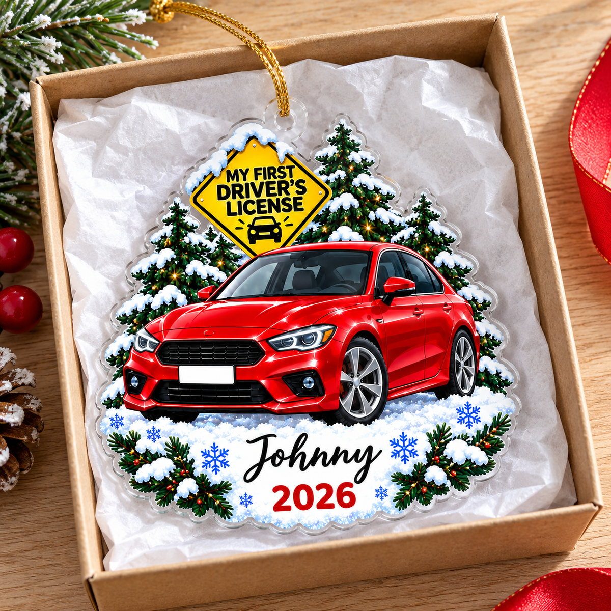 Personalized new driver acrylic ornament resting inside an open gift box lined with white tissue paper on a wooden surface