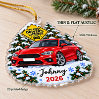 Personalized acrylic ornament with a red car, snow trees, yellow driver sign, text Johnny 2026, 3mm thick flat print with