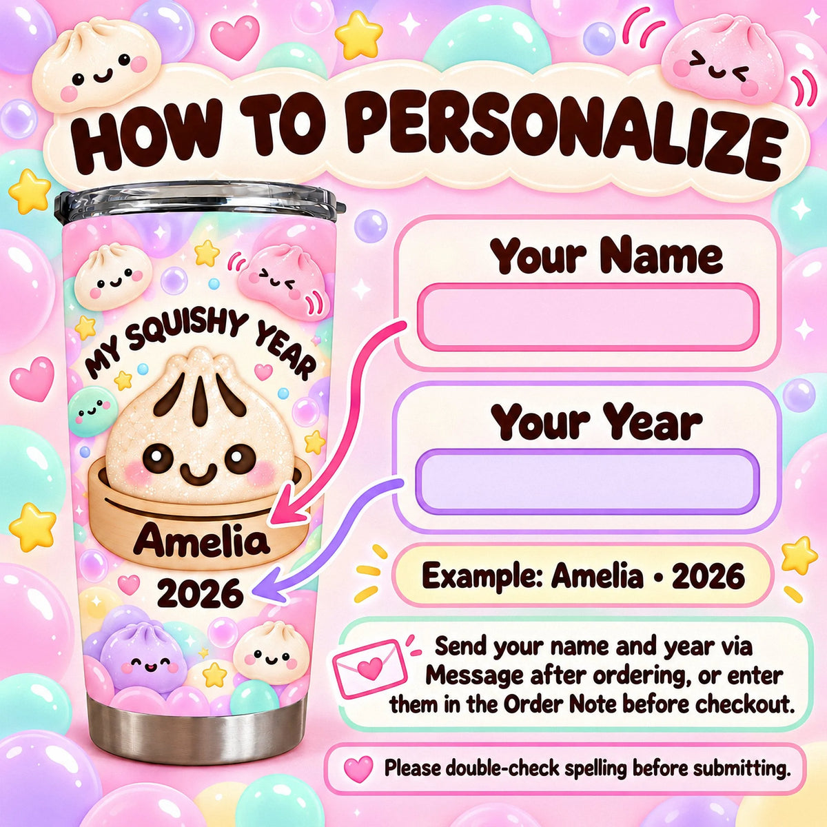 Instruction graphic showing how to personalize the custom name tumbler with name, year, and example Amelia 2026.