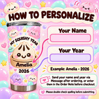 Instruction graphic showing how to personalize the custom name tumbler with name, year, and example Amelia 2026.