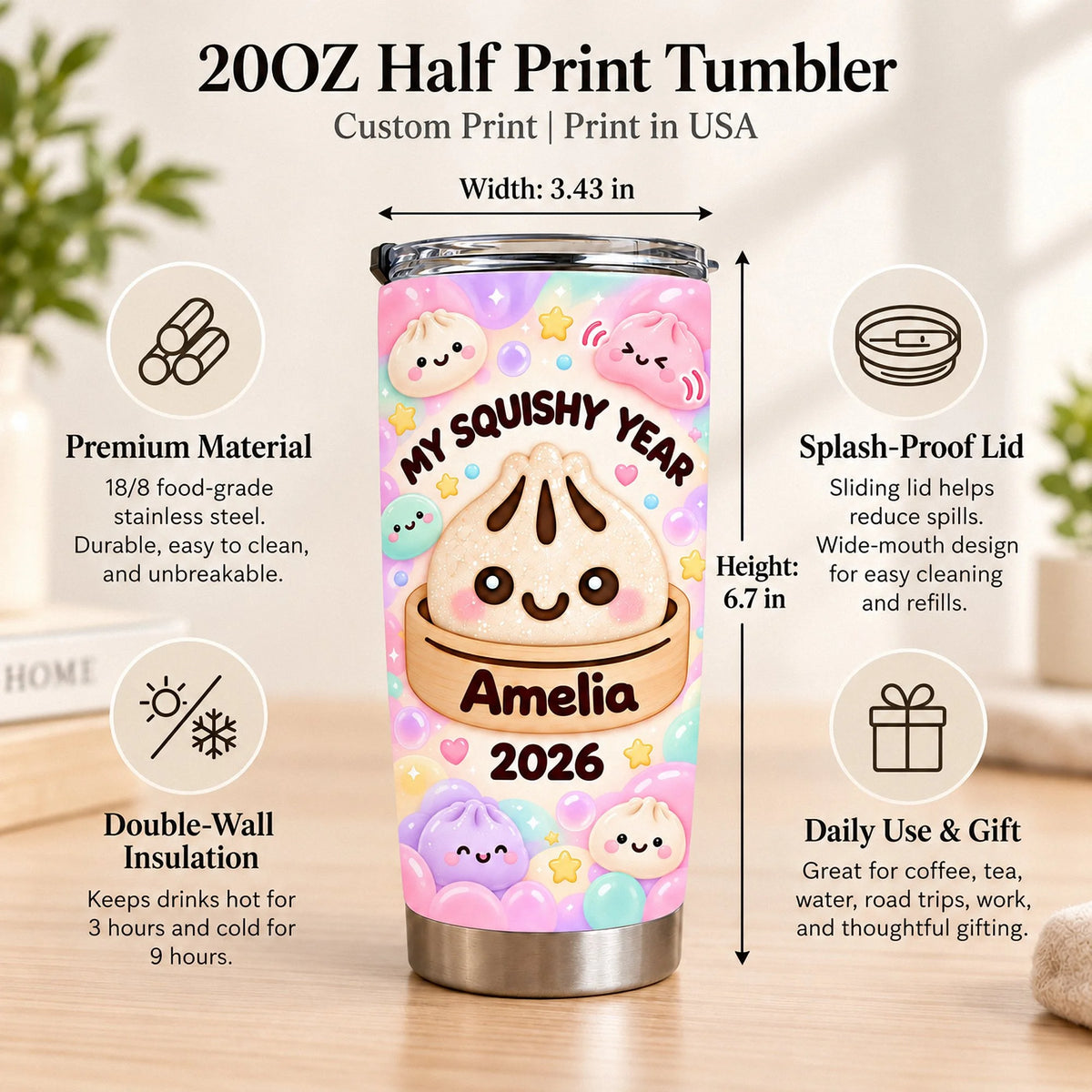 Infographic detailing specifications of the stainless steel travel mug including 20oz half print and dimensions.