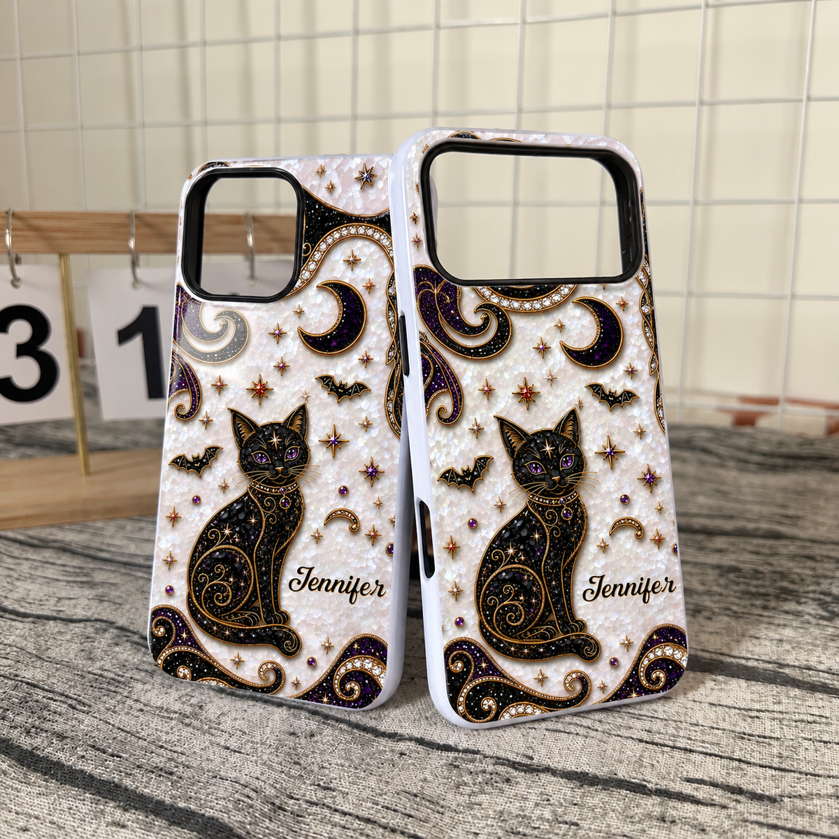 Mystical Black Cat Phone Case Celestial Gothic Witchy Design with Gold Stars Moons Bats for Cat Love on a hanger, ready to ship from Austin, Texas
