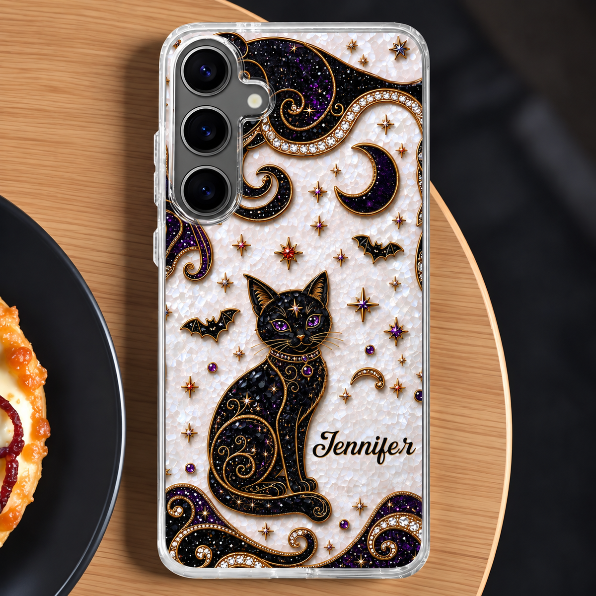 Customer in Austin, Texas wearing Mystical Black Cat Phone Case Celestial Gothic Witchy Design with Gold Stars Moons Bats for Cat Love
