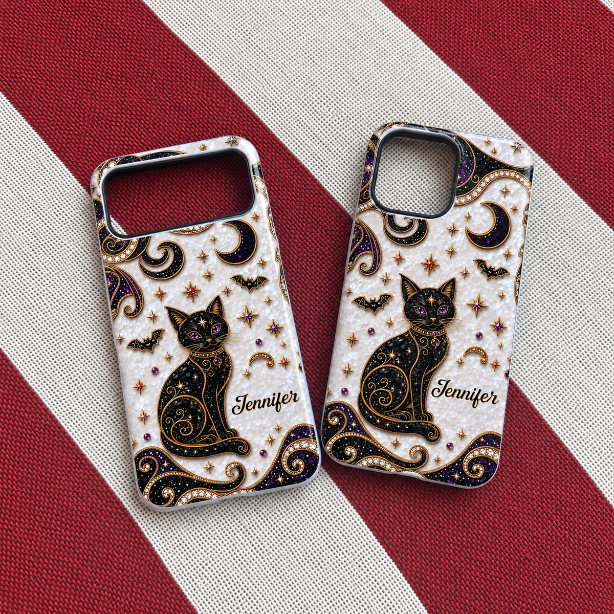 Close-up of Mystical Black Cat Phone Case Celestial Gothic Witchy Design with Gold Stars Moons Bats for Cat Love for streetwear fans in Austin, Texas