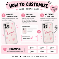 Infographic detailing the custom name phone case ordering steps with examples like Emma, James, Sophia, Noah, Olivia, and