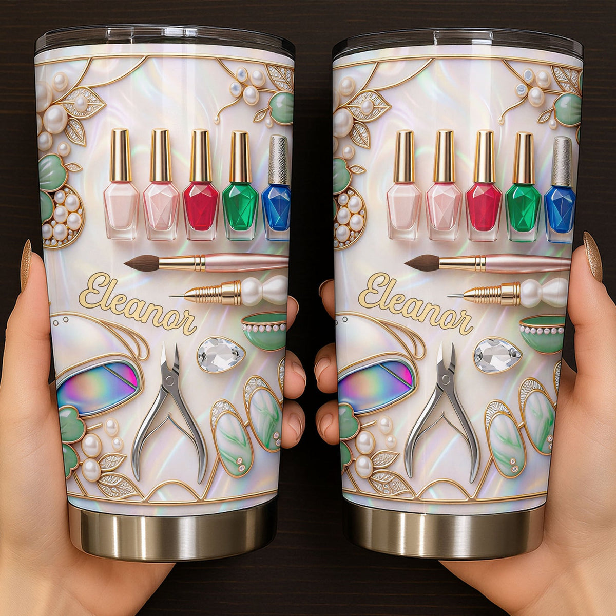 Customer in Austin, Texas wearing Nail Tech Manicure Tools Tumbler Custom Name Pearl Glam Gift for Nail Technicians and Manicurists