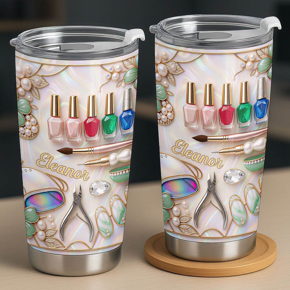 Close-up of Nail Tech Manicure Tools Tumbler Custom Name Pearl Glam Gift for Nail Technicians and Manicurists for streetwear fans in Austin, Texas