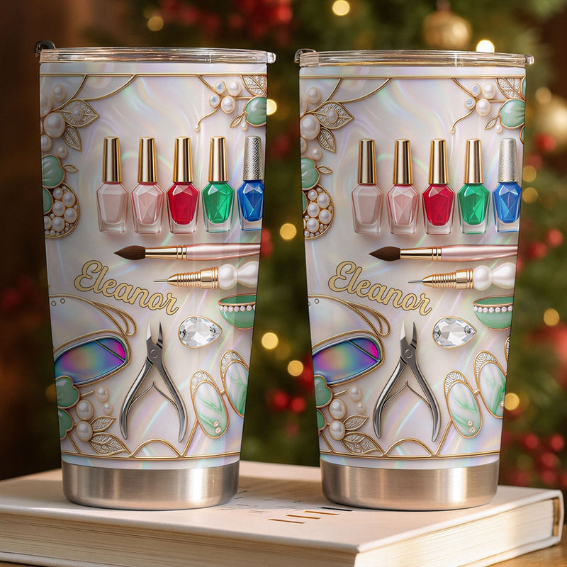 Nail Tech Manicure Tools Tumbler Custom Name Pearl Glam Gift for Nail Technicians and Manicurists available at our Austin, Texas warehouse