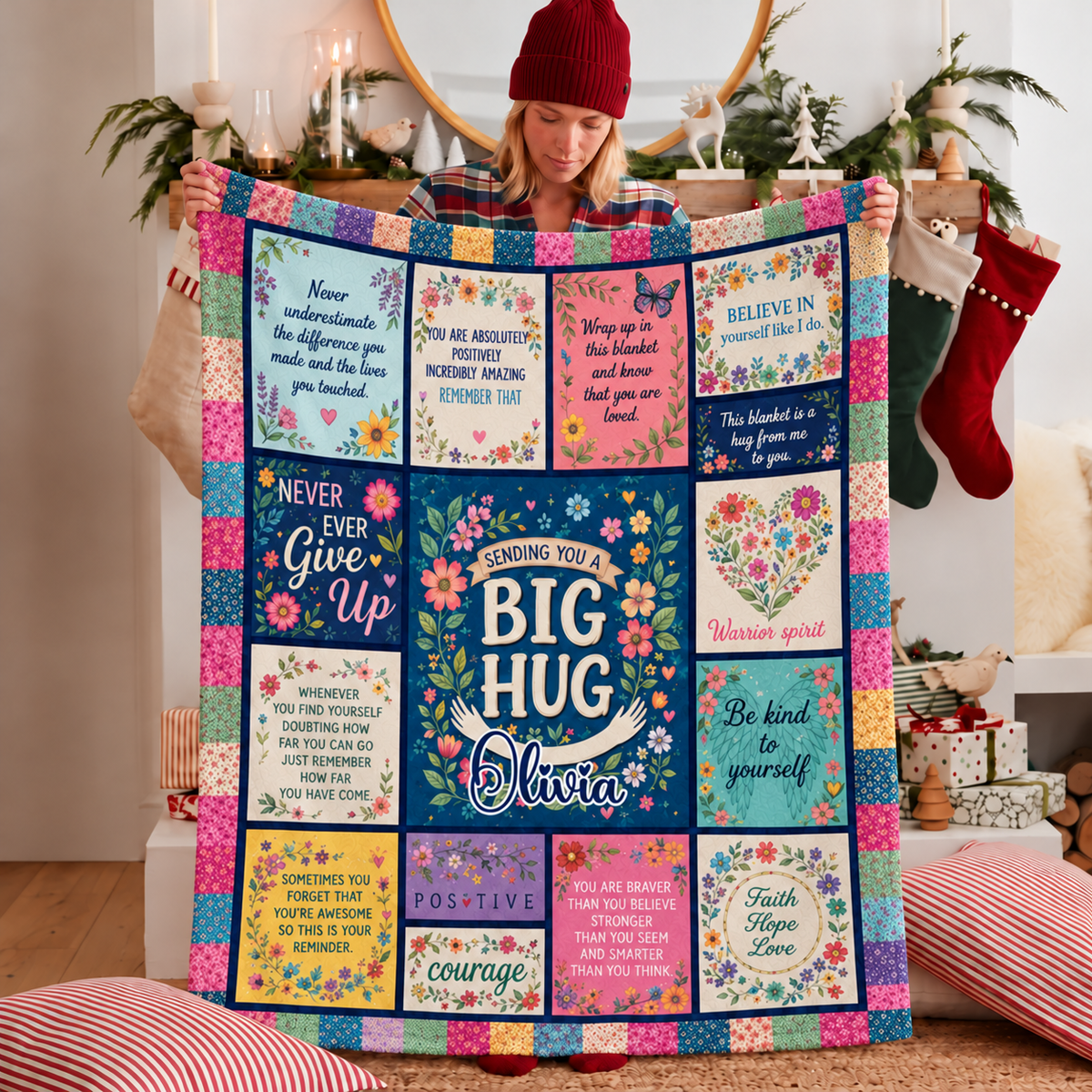 Woman holding The Difference You Made Blanket with custom name Olivia in living room.