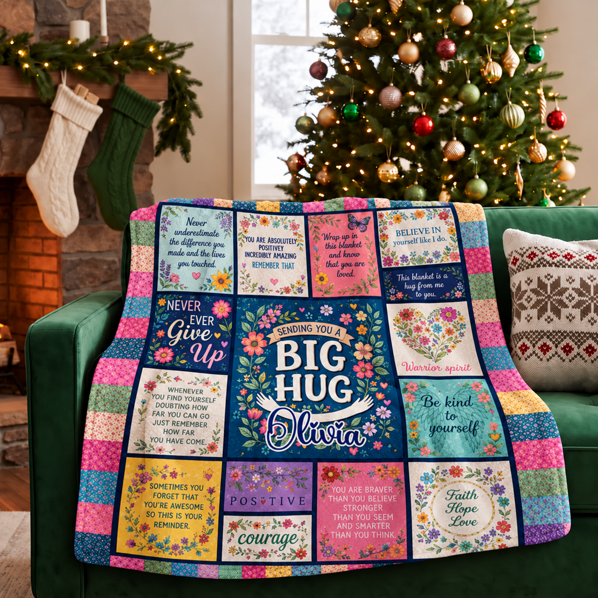 Personalized appreciation blanket draped over a green velvet sofa by a Christmas tree.