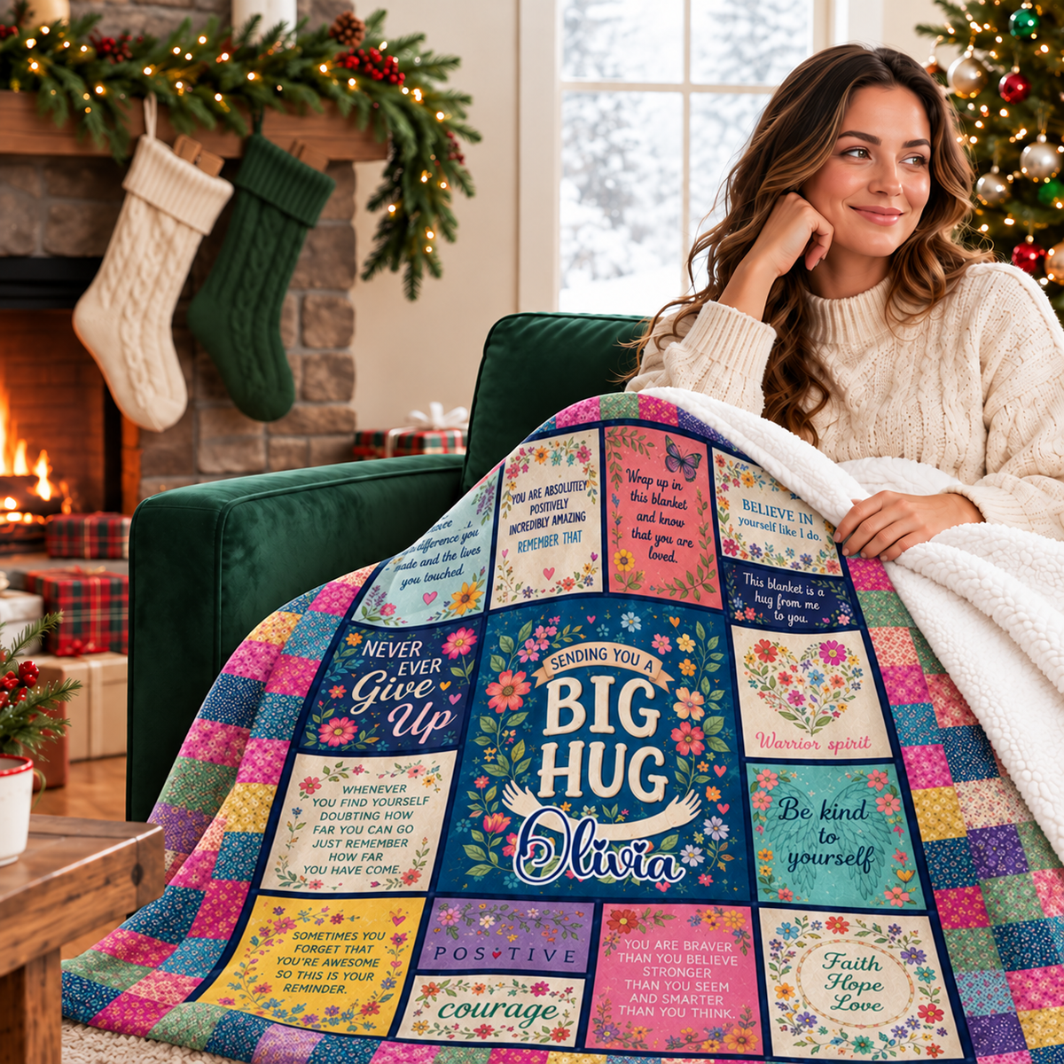 Smiling woman relaxing on a green sofa with an inspirational quote blanket.