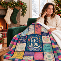Smiling woman relaxing on a green sofa with an inspirational quote blanket.