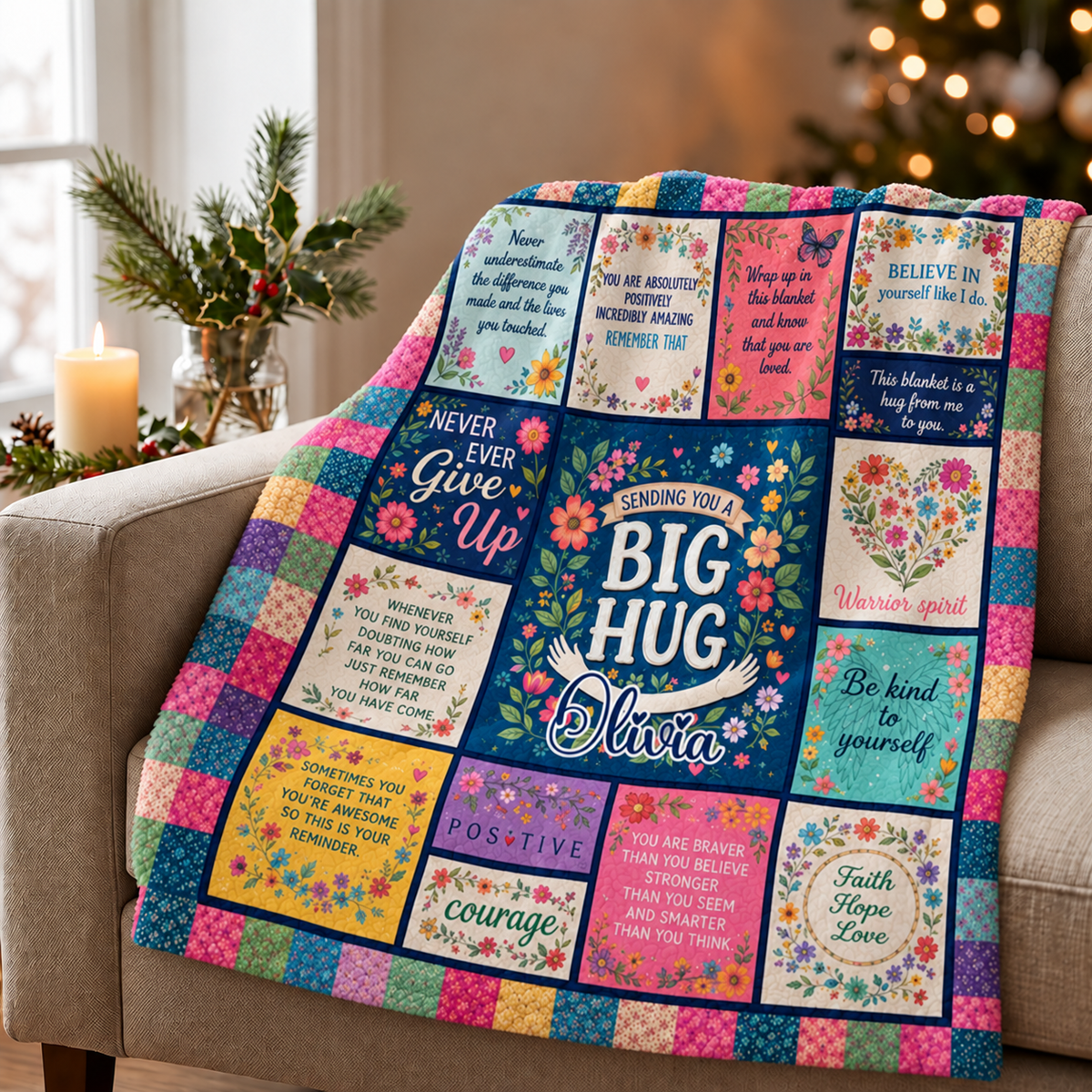 Inspirational quote blanket folded neatly on an armchair near a lit candle.