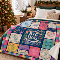 Fluffy sherpa appreciation blanket neatly arranged on a made bed for the holidays.