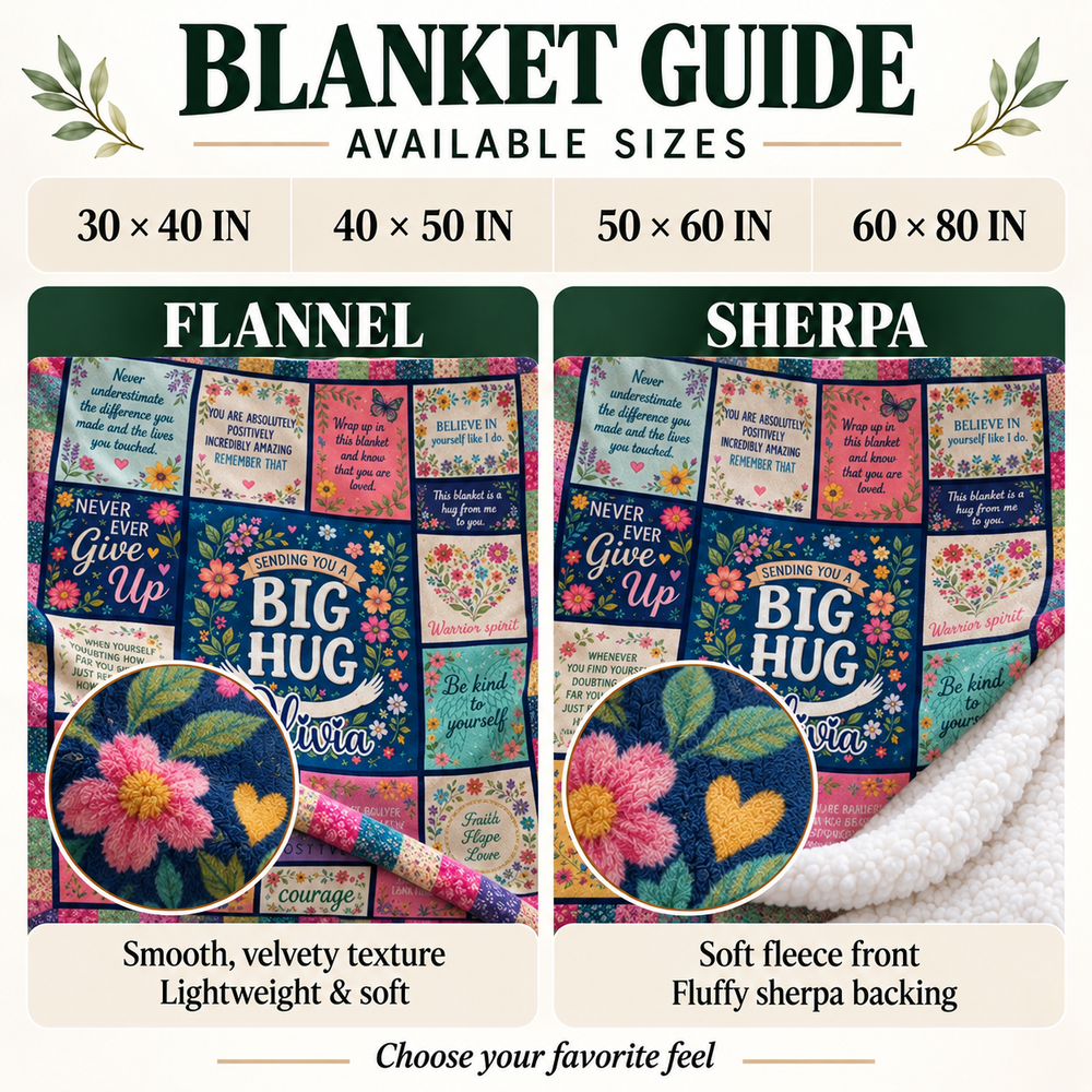 Size guide for throw blanket comparing velvety flannel and plush sherpa textures.
