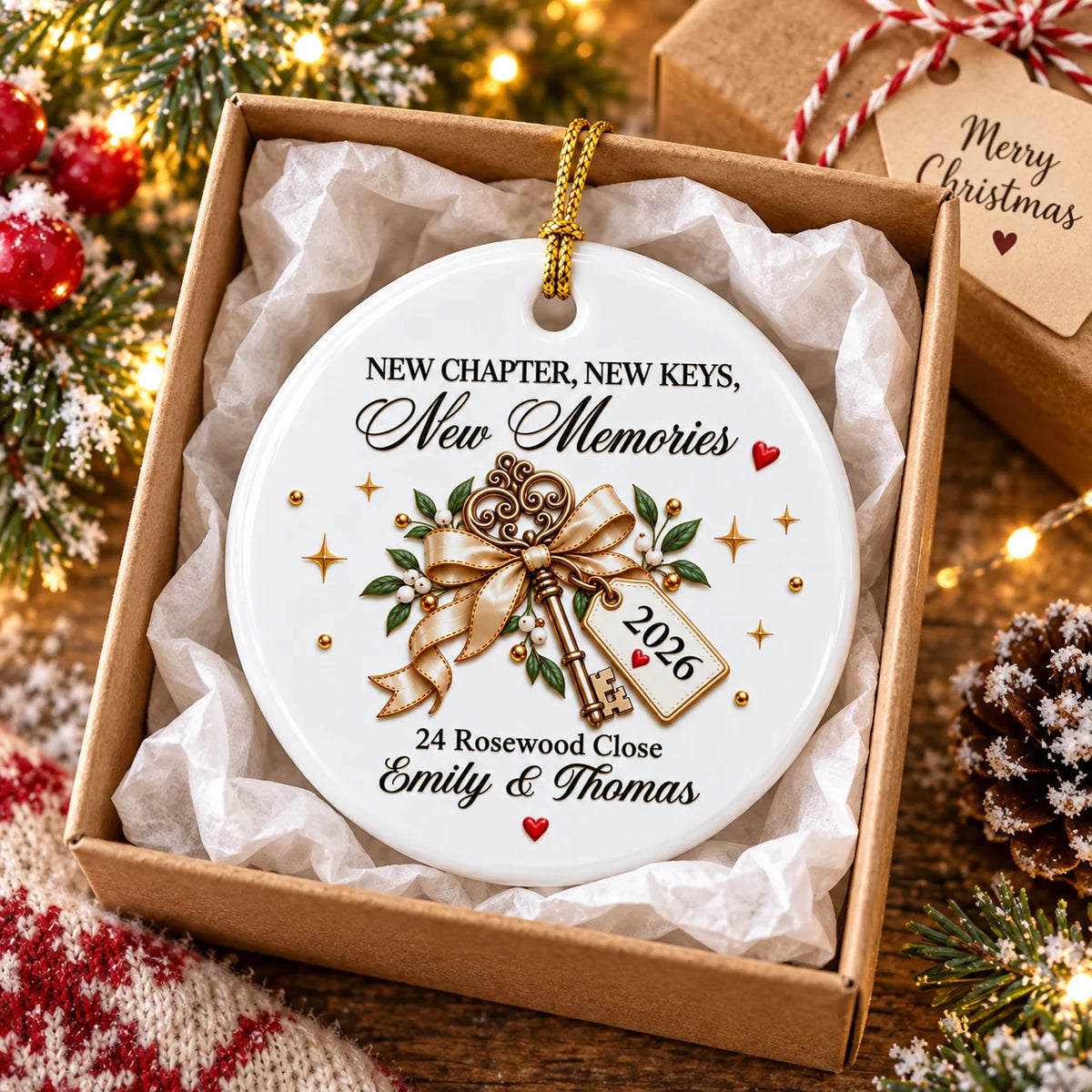 Personalized round white ceramic housewarming gift ornament packed neatly inside a rustic gift box with tissue paper.