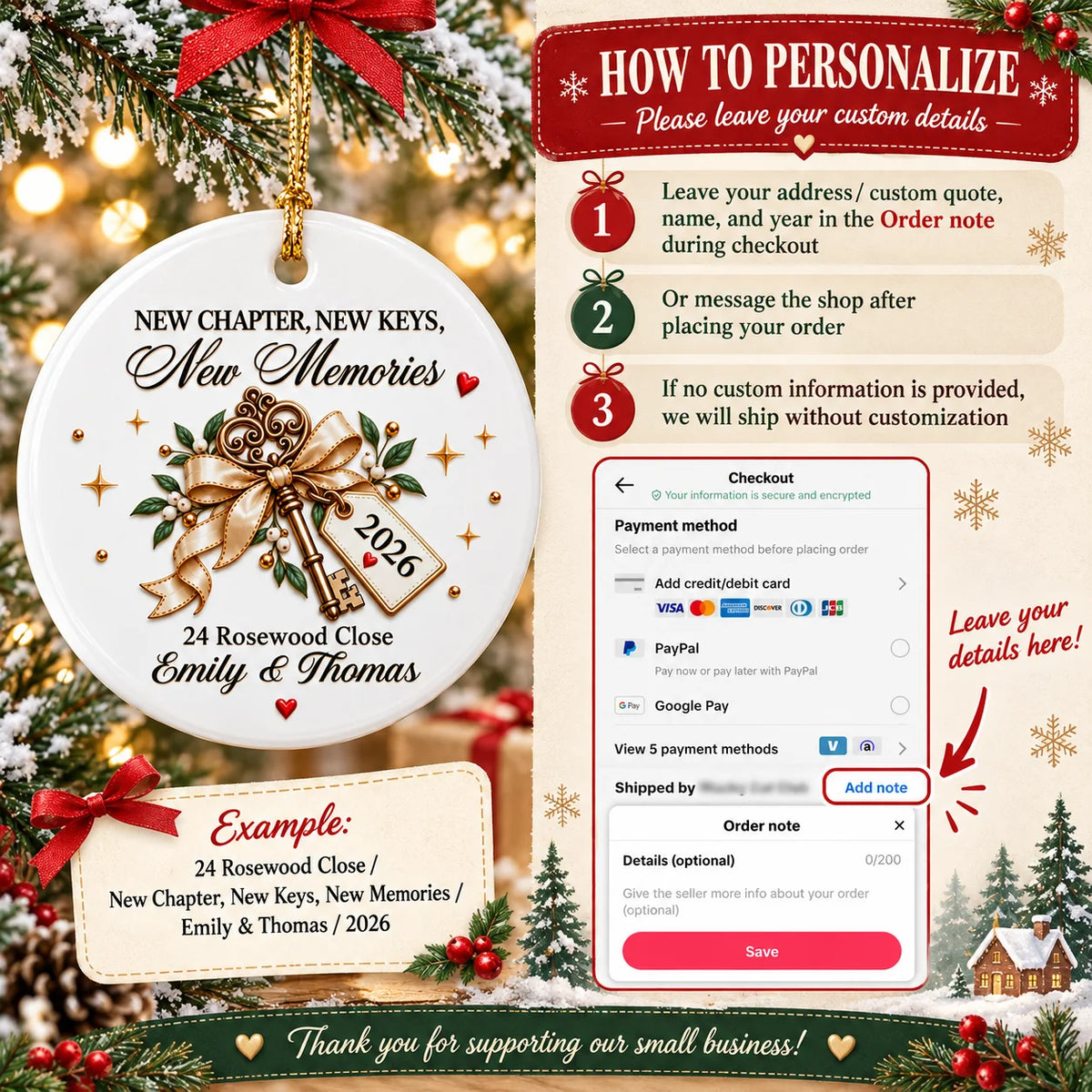 Instruction graphic explaining how to personalize the ceramic ornament with names and address during checkout.
