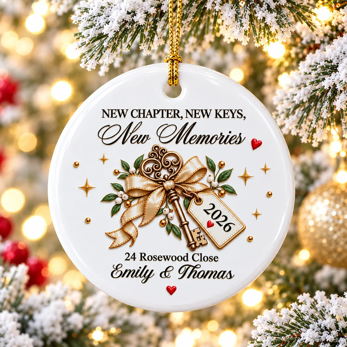 Personalized round white ceramic ornament hanging on a festive Christmas tree with gold bow, vintage key, and foliage design.