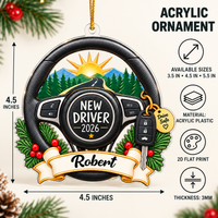 Infographic showing acrylic ornament sizing, 3mm thickness, and material details next to the steering wheel design.