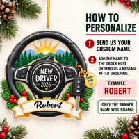 How to personalize guide showing step-by-step instructions for customizing the new driver ornament with a name.