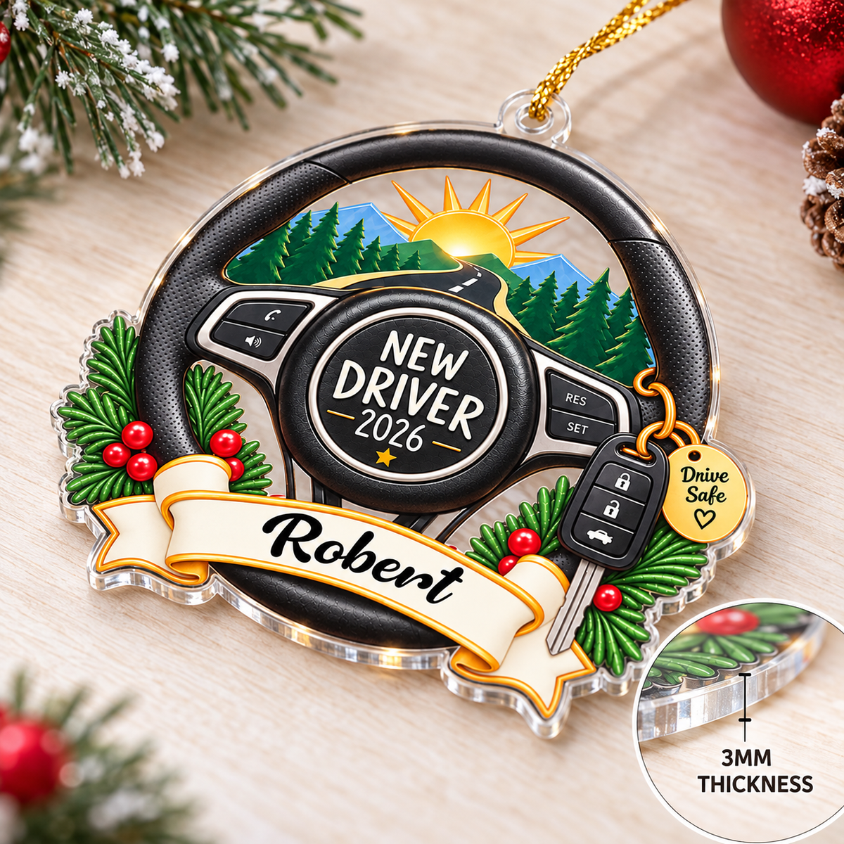 Close-up of the 3mm thick flat 2D acrylic Christmas ornament showing its steering wheel design and side profile.