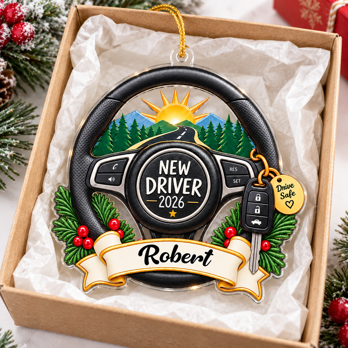 Personalized new driver ornament displayed inside an open gift box lined with white tissue paper.