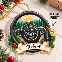 New Driver Drive Safe acrylic ornament resting on a wooden table with a 2D flat print label pointing to the design.