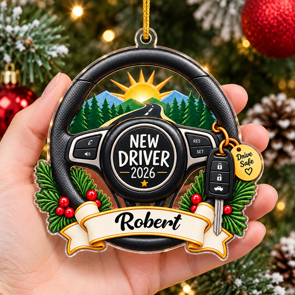 Person holding the personalized new driver Christmas ornament in front of a softly lit holiday tree.