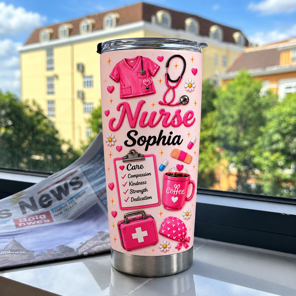 Personalized pink nurse tumbler with stethoscope graphic and 'Nurse Sophia' text displayed on a windowsill with a building
