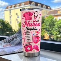 Personalized pink nurse tumbler with stethoscope graphic and 'Nurse Sophia' text displayed on a windowsill with a building