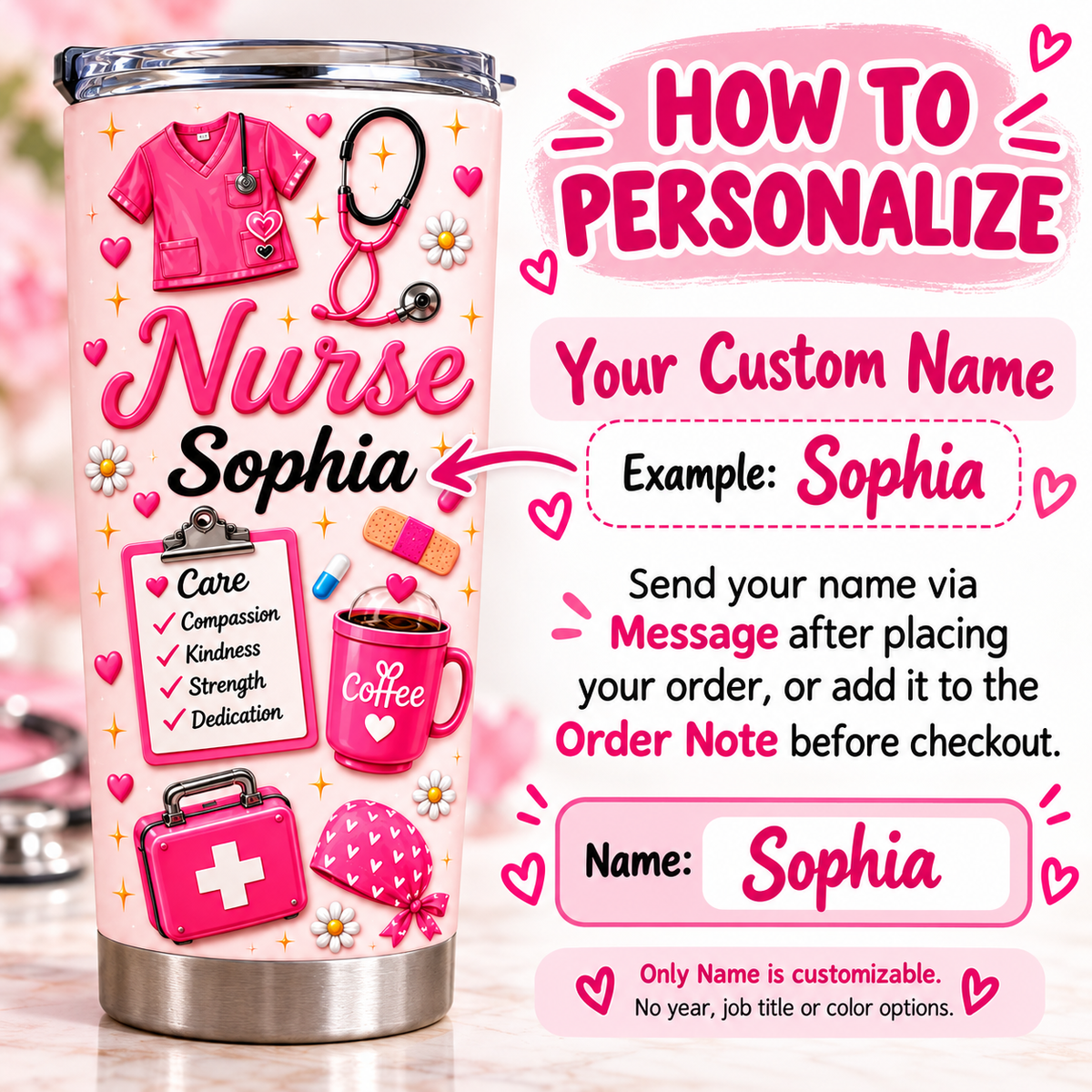 Infographic showing how to personalize the pink nurse tumbler with custom name text, featuring example name Sophia.
