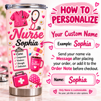 Infographic showing how to personalize the pink nurse tumbler with custom name text, featuring example name Sophia.