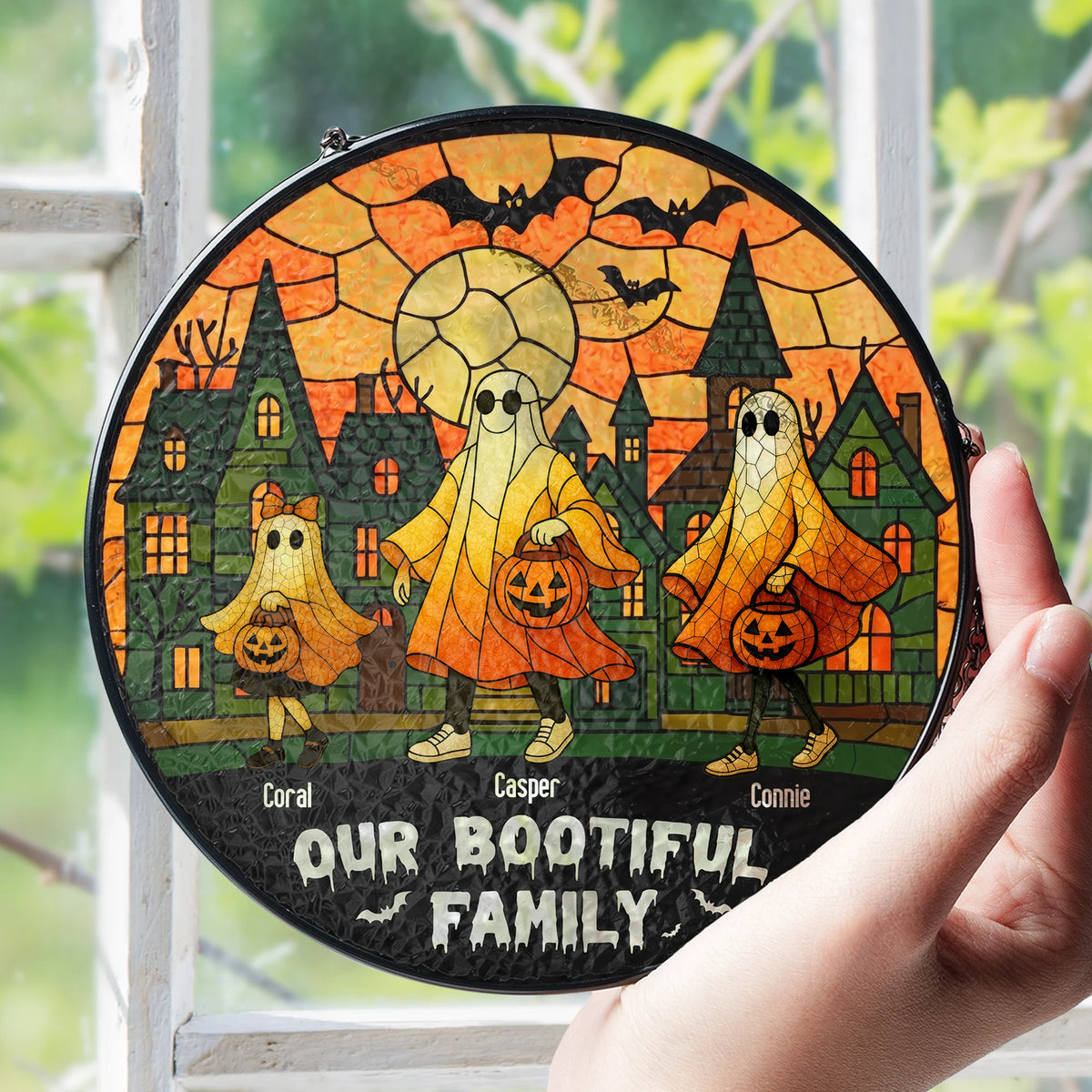 Close-up of Our Bootiful Family Wall Sign, Personalized Ghost Stained Glass Halloween Hanging Decor, Custom Name for streetwear fans in Austin, Texas