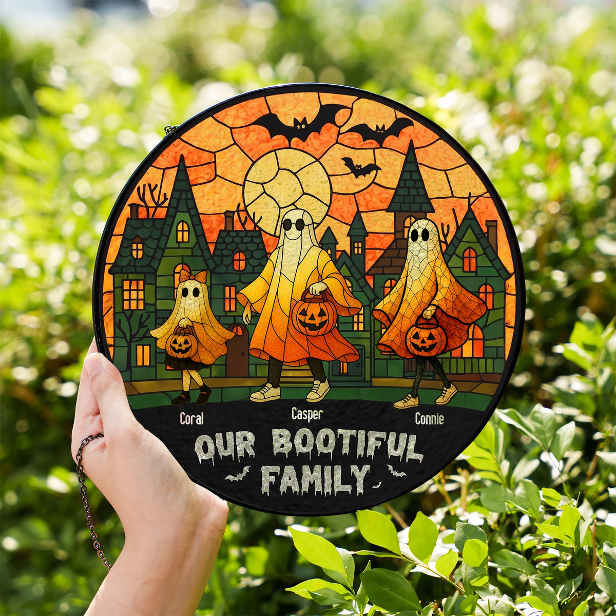 Customer in Austin, Texas wearing Our Bootiful Family Wall Sign, Personalized Ghost Stained Glass Halloween Hanging Decor, Custom Name