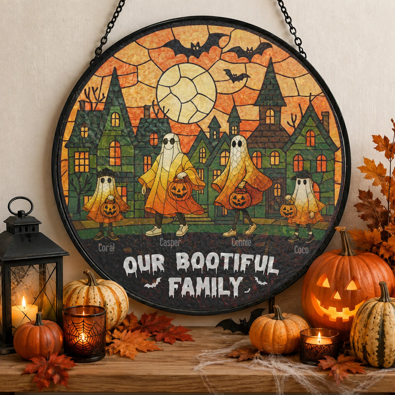 Our Bootiful Family Wall Sign, Personalized Ghost Stained Glass Halloween Hanging Decor, Custom Name available at our Austin, Texas warehouse