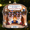 Customer in Austin, Texas wearing Our First Christmas as Mr. & Mrs. America's 250th Year Ornament, Personalized Newlywed Christmas Gif