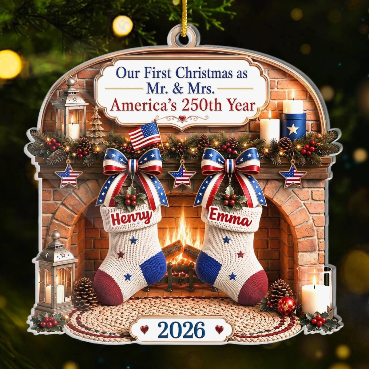 Customer in Austin, Texas wearing Our First Christmas as Mr. & Mrs. America's 250th Year Ornament, Personalized Newlywed Christmas Gif