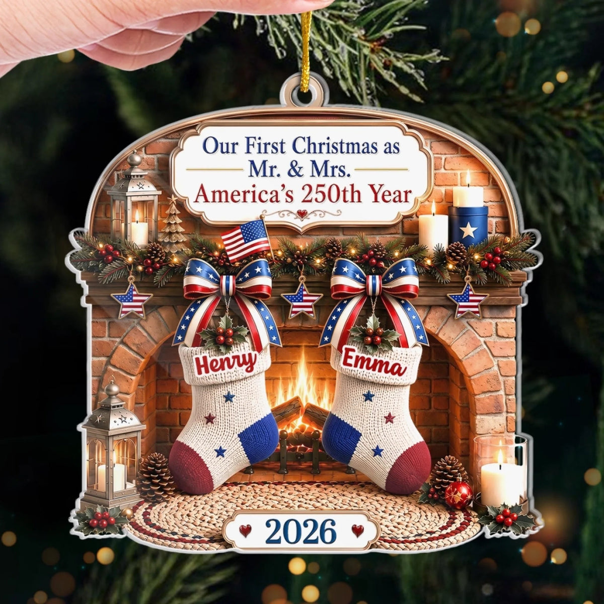 Close-up of Our First Christmas as Mr. & Mrs. America's 250th Year Ornament, Personalized Newlywed Christmas Gif for streetwear fans in Austin, Texas