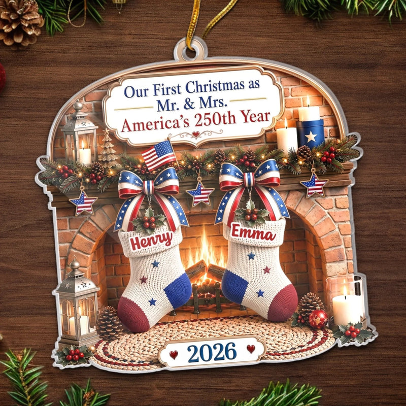 Our First Christmas as Mr. & Mrs. America's 250th Year Ornament, Personalized Newlywed Christmas Gif available at our Austin, Texas warehouse