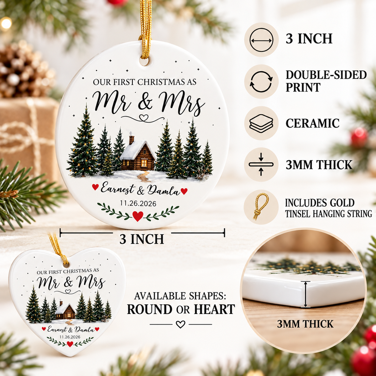 Product specifications graphic highlighting 3-inch size, double-sided print, and ceramic thickness.