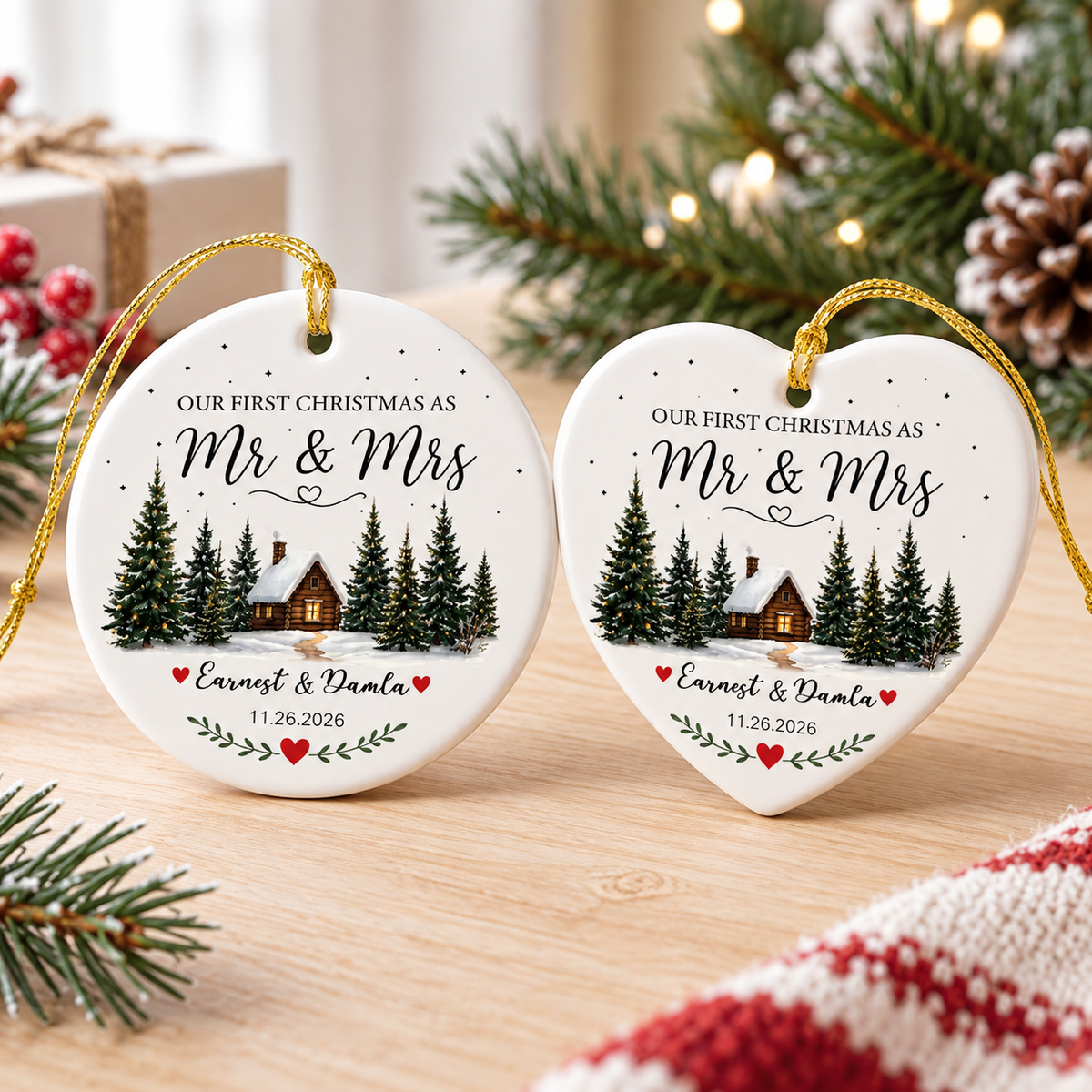 Round and heart Mr & Mrs ceramic ornaments displayed side by side on a rustic wooden tabletop.