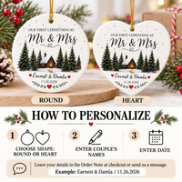Instructional graphic showing how to personalize round or heart ceramic ornaments with names and date.