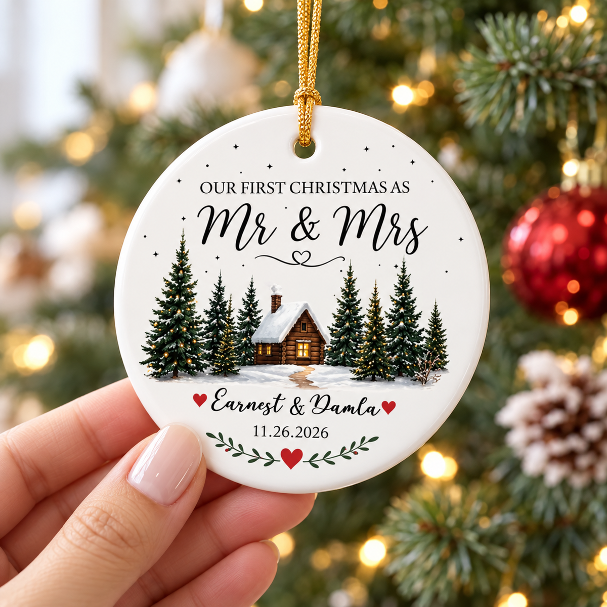 Hand holding a custom Mr & Mrs ceramic ornament in front of a softly lit Christmas tree.