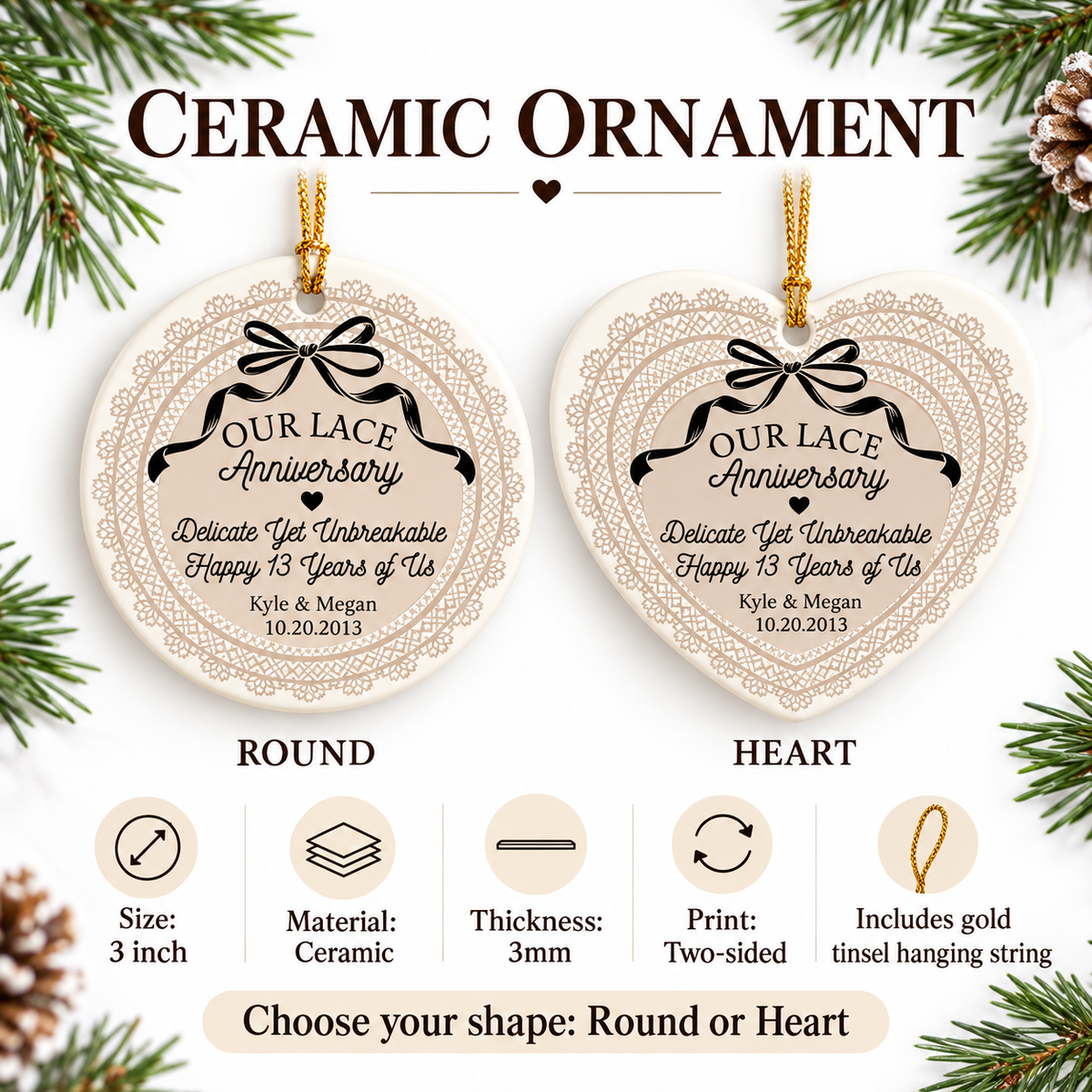 Ceramic ornament options chart showing round and heart shapes with specs like 3-inch size, ceramic material, and two-sided