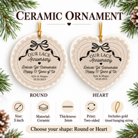 Ceramic ornament options chart showing round and heart shapes with specs like 3-inch size, ceramic material, and two-sided