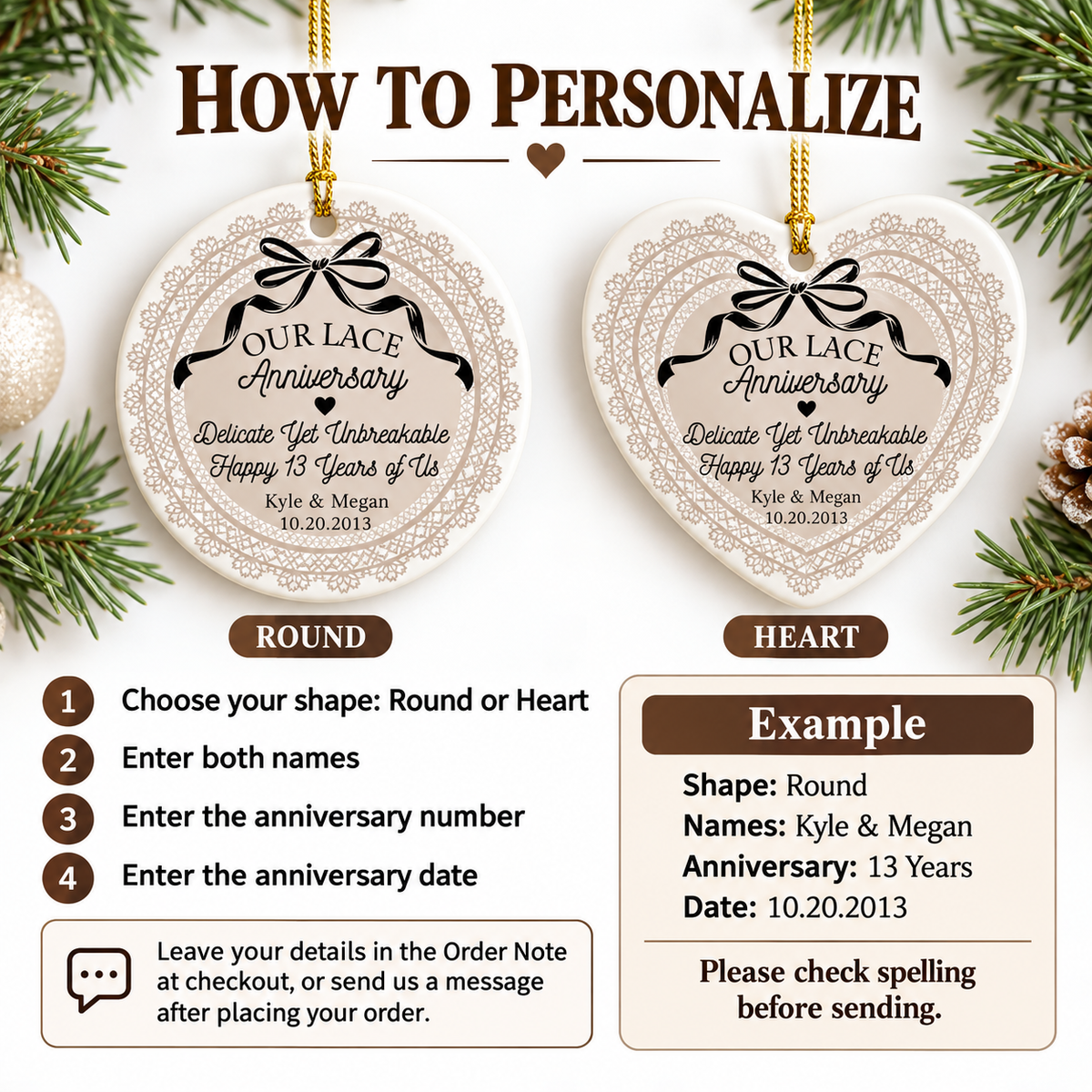 How to personalize guide showing round and heart ceramic ornaments with steps to add names, anniversary year, and date.