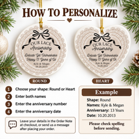 How to personalize guide showing round and heart ceramic ornaments with steps to add names, anniversary year, and date.